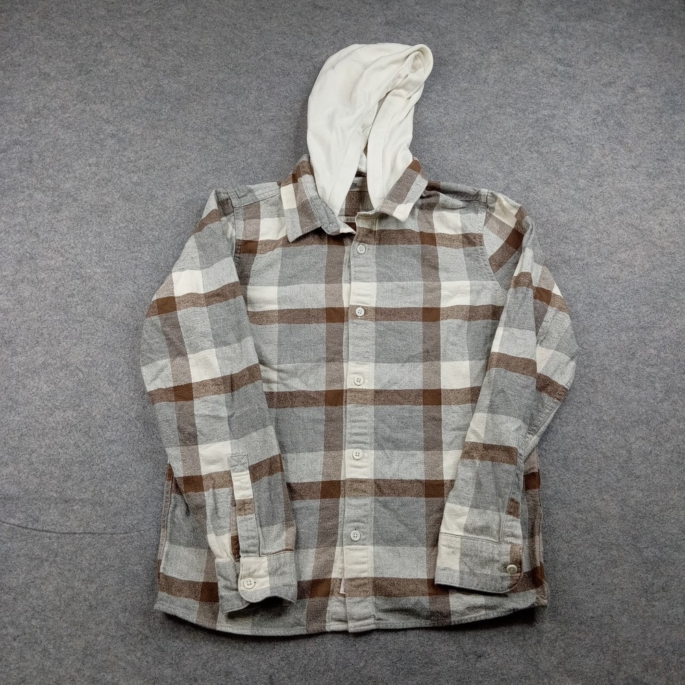 Hollister Mens Small Gray Plaid Flannel Button Front Long Sleeve Hooded Shirt